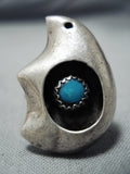 Unique Vintage Native American Navajo Turquoise Sterling Silver Bear Shadowbox Ring Old-Nativo Arts