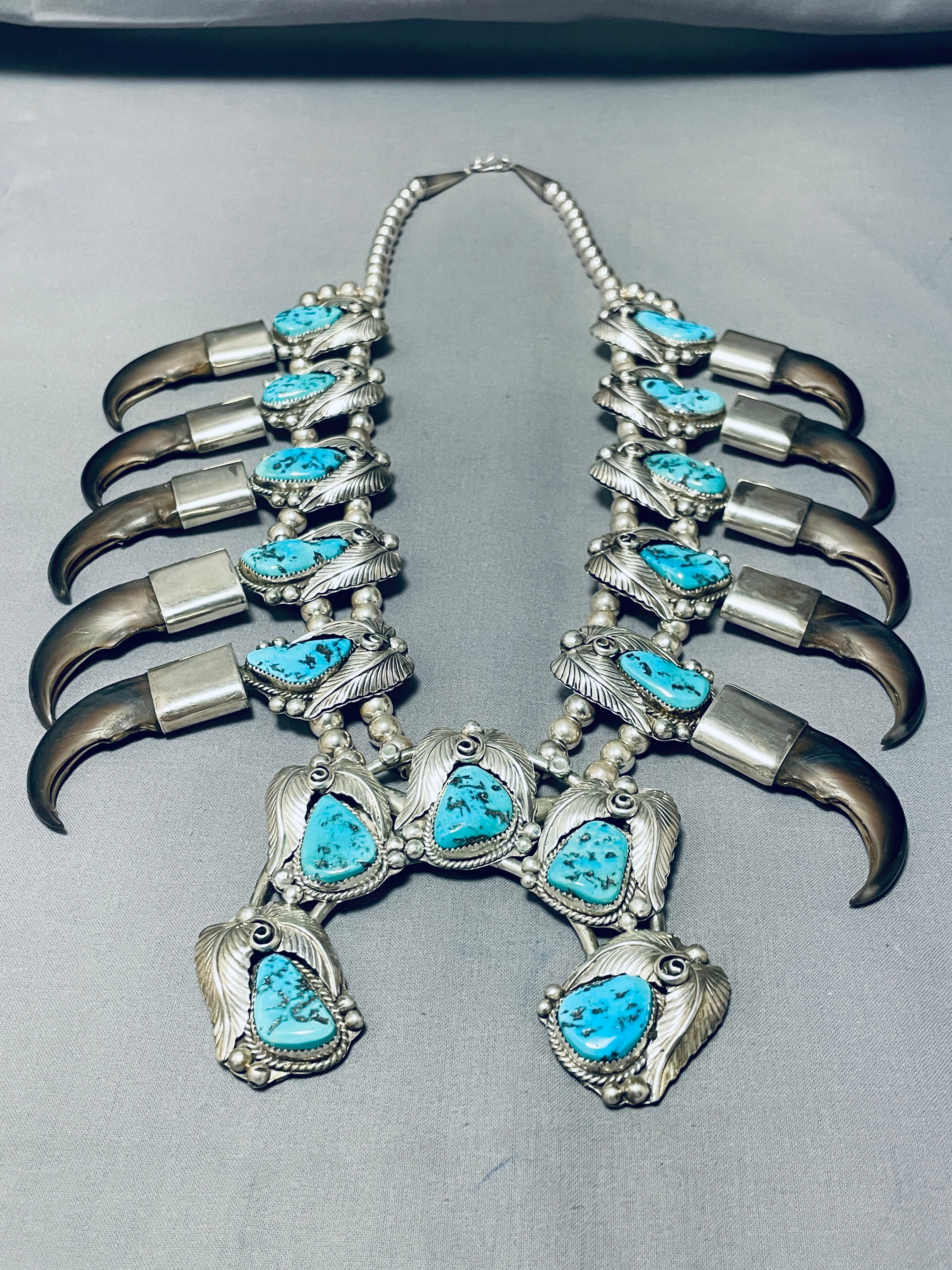 Navajo Squash Blossom Necklace Morenci Turquoise Sterling Silver 420 gr!  MASSIVE