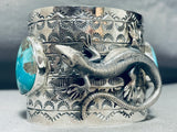 Highly Detailed Wide Native American Lizard Turquoise Sterling Silver Bracelet-Nativo Arts