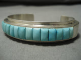 Rare Slanted Sjy Blue Turquoise Vintage Native American Navajo Sterling Silver Bracelet-Nativo Arts