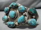 Museum Quality Vintage Native American Navajo Turquoise Cluster Sterling Silver Bracelet Old-Nativo Arts