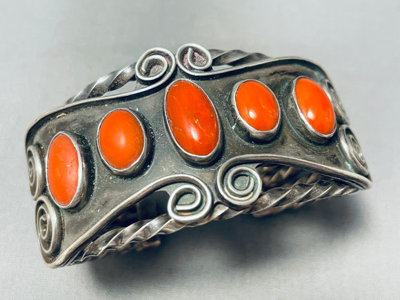 One Of The Best Ever Vintage Native American Navajo Coral Coiled Cuff Sterling Silver Bracelet-Nativo Arts