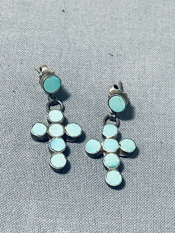 Exceptional Vintage Native American Zuni Blue Gem Turquoise Sterling Silver Crosses Earrings-Nativo Arts