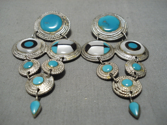 Museum Quality Vintage Native American Navajo Turquoise Chandelier Sterling Silver Earrings-Nativo Arts