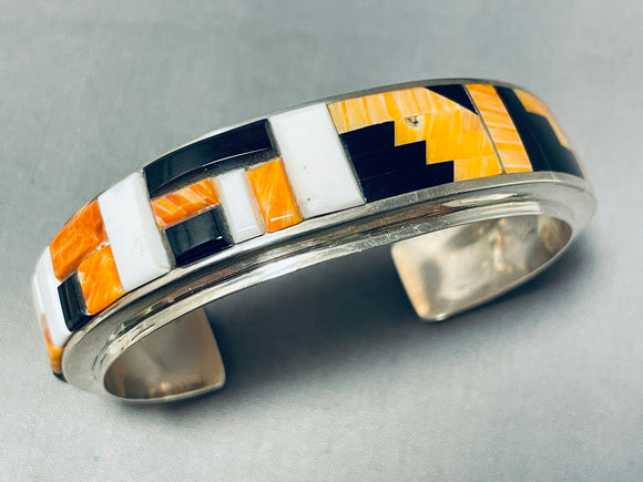 Mesmerizing Signed Native American Navajo Inlay Orange Spiny Black Onyx Sterling Silver Bracelet-Nativo Arts