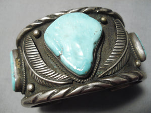 Such A Heavy Vintage Native American Navajo Carico Lake Turquoise Sterling Silver Leaf Bracelet-Nativo Arts