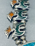 124 Gram Vintage Native American Navajo Turquoise Inlay Sterling Silver Squash Blossom Necklace-Nativo Arts
