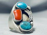 Astounding Vintage Native American Navajo Turquoise & Coral Sterling Silver Ring-Nativo Arts