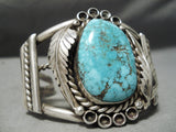 Museum Vintage Native American Navajo Carico Lake Turquoise Sterling Silver Leaf Bracelet Old-Nativo Arts