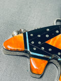 Dazzling Native American Navajo Signed Cosmic Inlay Coral Jet Sterling Silver Bear Pendant-Nativo Arts