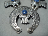 Signed Women's Vintage Native American Navajo Lapis Sterling Silver Squash Blossom Necklace-Nativo Arts