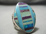 Native American Huge Detailed Multi Layer Turquoise Sterling Silver Charoite Inlay Ring-Nativo Arts