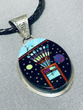 Very Intricate Native American Navajo Space Kachina Turquoise Sterling Silver Necklace-Nativo Arts