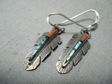Native American Intricate Vintage Navajo Feather Turquoise Inlay Sterling Silver Earrings-Nativo Arts