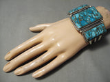 Vivid Huge Vintage Native American Navajo Squared Turquoise Sterling Silver Bracelet Old-Nativo Arts