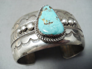 Native American Spectacular Vintage Signed Navajo Kingman Turquoise Sterling Silver Bracelet-Nativo Arts
