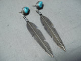 Custom Vintage Native American Navajo Sleeping Beauty Turquoise Sterling Silver Feather Earrings-Nativo Arts