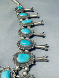 Blue Gem Turquoise Vintage Native American Navajo Sterling Silver Squash Blossom Necklace-Nativo Arts