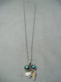 Whimsical Vintage Acoma Native American Turquoise Sterling Silver Owl Necklace-Nativo Arts