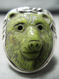 Native American Important Intricate Hand Carved Bear Jade Sterling Silver Ring-Nativo Arts