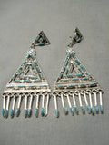 Intricate Vintage Zuni Native American Sterling Silver Turquoise Needle Earrings-Nativo Arts