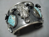 Amazing Cow Skull Turquoise Sterling Silver Native American Bracelet-Nativo Arts