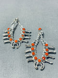One Of The Best Native American Navajo Coral Sterling Silver Squash Blossom Earrings-Nativo Arts
