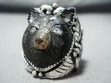 Native American One Of The Best Ever Hand Carved Bear Turquoise Sterling Silver Ring-Nativo Arts