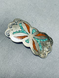 Spectacular Vintage Native American Navajo Turquoise Coral Chip Inlay Sterling Silver Pin-Nativo Arts