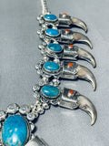 Important Huge Bear Navajo Turquoise Sterling Silver Squash Blossom Necklace-Nativo Arts