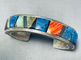 Signed Vintage Native American Navajo Intricate Turquoise Sterling Silver Inlay Bracelet-Nativo Arts