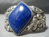Detailed Heavy Huge Vintage Native American Navajo Lapis Sterling Silver Leaf Bracelet-Nativo Arts