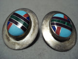 Signed Large Intricate Vintage Native American Navajo Turquoise Sterling Silver Earrings-Nativo Arts