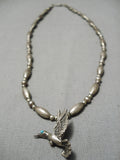 Stunning Vintage Native American Navajo Sterling Silver Tubule Bird Turquoise Necklace Old-Nativo Arts