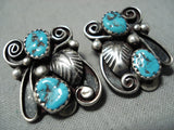 Detailed Vintage Native American Navajo Blue Turquoise Sterling Silver Earrings-Nativo Arts