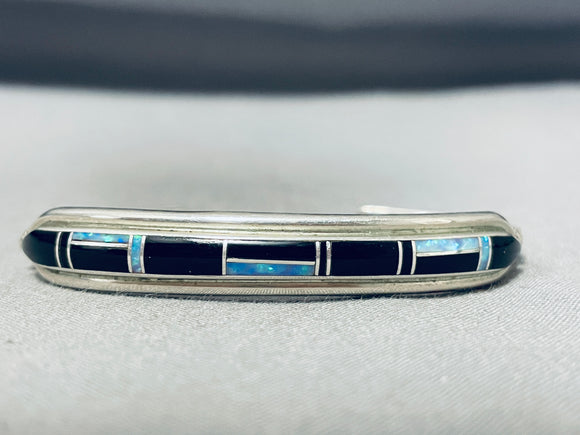 Impressive Native American Navajo Signed Inlay Synthetic Opal Jet Sterling Silver Bracelet-Nativo Arts