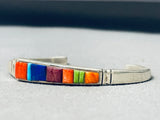 Detailed Vintage Native American Navajo Turquoise Inlay Lapis Sterling Silver Bracelet-Nativo Arts