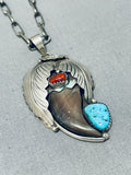 Authentic Native American Navajo Turquoise Coral Sterling Silver Bear Coral Necklace-Nativo Arts