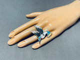 Superb Native American Zuni Signed Textured Inlay Turquoise Jet Sterling Silver Bird Ring-Nativo Arts