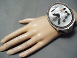 Native American Biggest Crazy Heavy Vintage Navajo Sterling Silver Bird Inlay Bracelet Old-Nativo Arts
