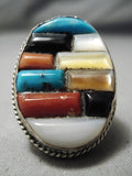Native American Huge Men's Thick Sturdy Turquoise Coral Inlay Sterling Silver Ring Old-Nativo Arts
