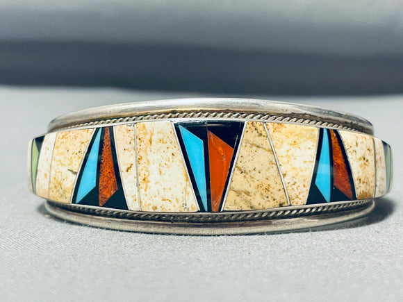 Douglas Signed Vintage Native American Navajo Turquoise Inlay Sterling Silver Inlay Bracelet-Nativo Arts