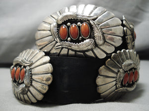 Heavy And Thick!! Vintage Native American Navajo Coral Sterling Silver Concho Belt Old-Nativo Arts