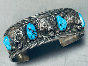 Extremely Detailed Vintage Native American Navajo Turquoise Bear Animal Sterling Silver Bracelet-Nativo Arts