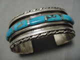 Heavier Vintage Native American Navajo Blue Diamond Turquoise Inlay Sterling Silver Bracleet Old-Nativo Arts