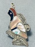 Superb Vintage Native American Zuni Inlay Mother Of Pearl Quail Sterling Silver Ring-Nativo Arts