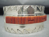 Important Native American Navajo Coral Row Wide Sterling Silver Bracelet Cuff-Nativo Arts
