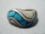 Detailed Vintage Native American Navajo Turquoise Wave Sterling Silver Ring Old-Nativo Arts