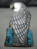 Important Native American Zuni Harlan Coonsis Bird Eagle Turquoise Sterling Silver Ring-Nativo Arts