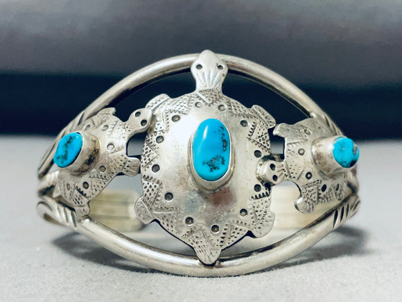 Unforgettable Vintage Native American Navajo Morenci Turquoise Sterling Silver Turtle Bracelet-Nativo Arts